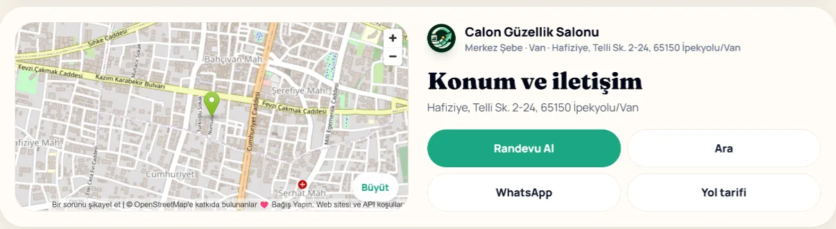 Konum ve iletişim — WhatsApp ve yol tarifi butonları