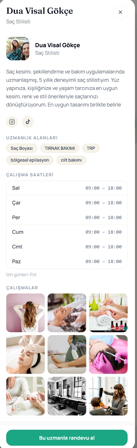 Gerçek ürün ekranı: müşterinin gördüğü uzman vitrini — uzmanlık alanları, çalışma saatleri, portföy ve randevu butonu